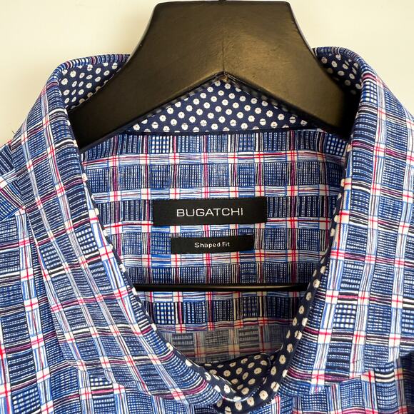 Bugatchi Shaped Fit Blue Red Check Dress Shirt Performance - 2XL XXL - Picture 5 of 10